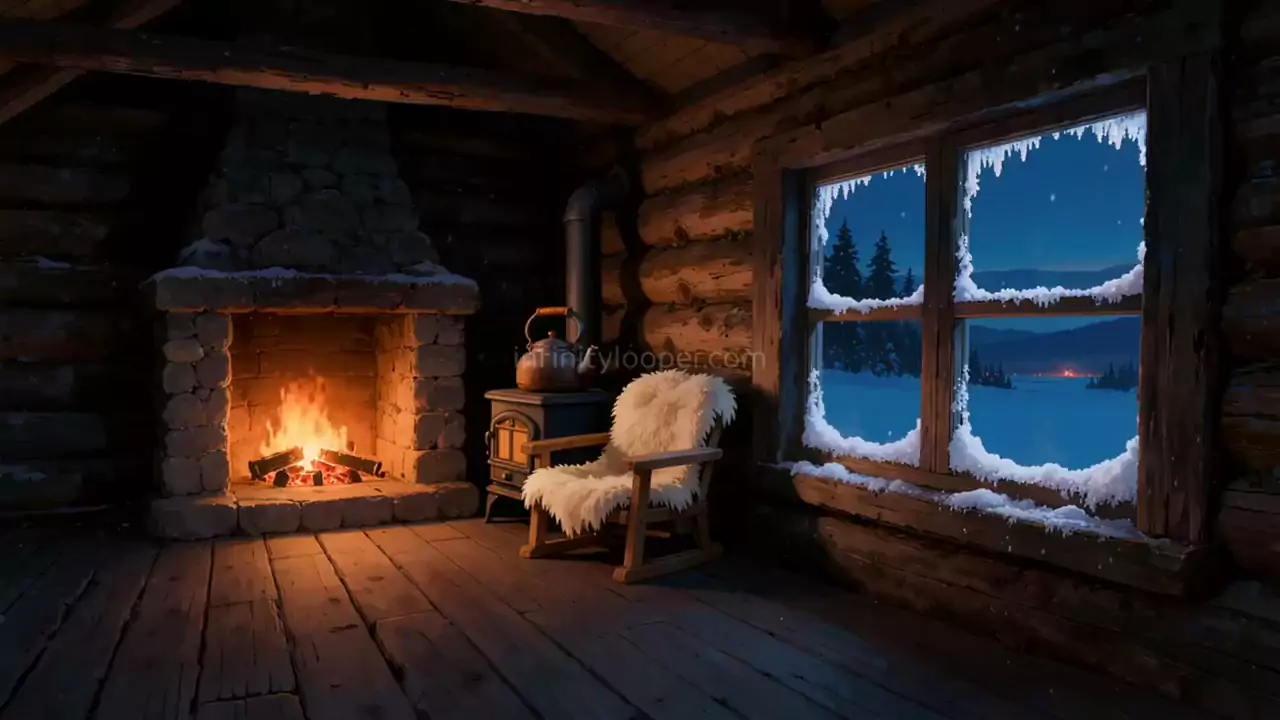 Log cabin at night with a fire in a stone fireplace, a sheepskin chair, a wood stove and a frosted window onto a snowy lake