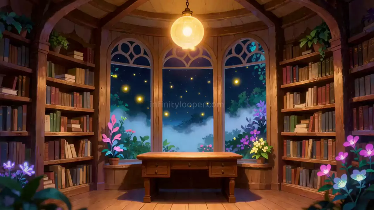 Round wooden library with an empty desk under a glowing globe lamp and three arched windows onto a starry, misty night