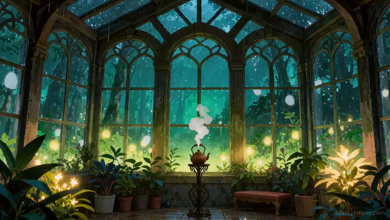 Greenhouse with arched rain-streaked windows, potted plants, small golden lights and a copper teapot steaming on a stand