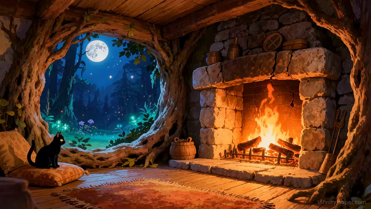 Black cat on an orange cushion inside a tree hollow, a log fire burning in a stone fireplace, full moon outside
