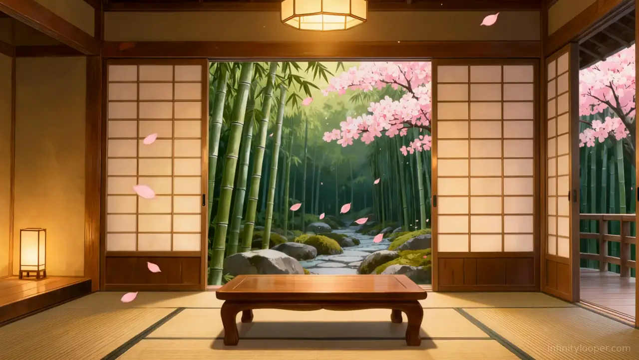 Tatami room with open paper screens showing a bamboo grove, a pink cherry tree and petals falling around a low wooden table