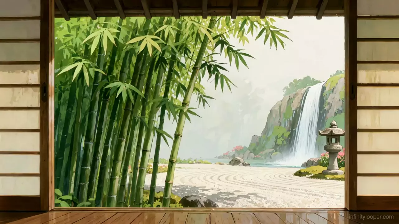 Open paper sliding doors framing bamboo, a raked white gravel garden, a stone lantern and a waterfall on a mossy cliff