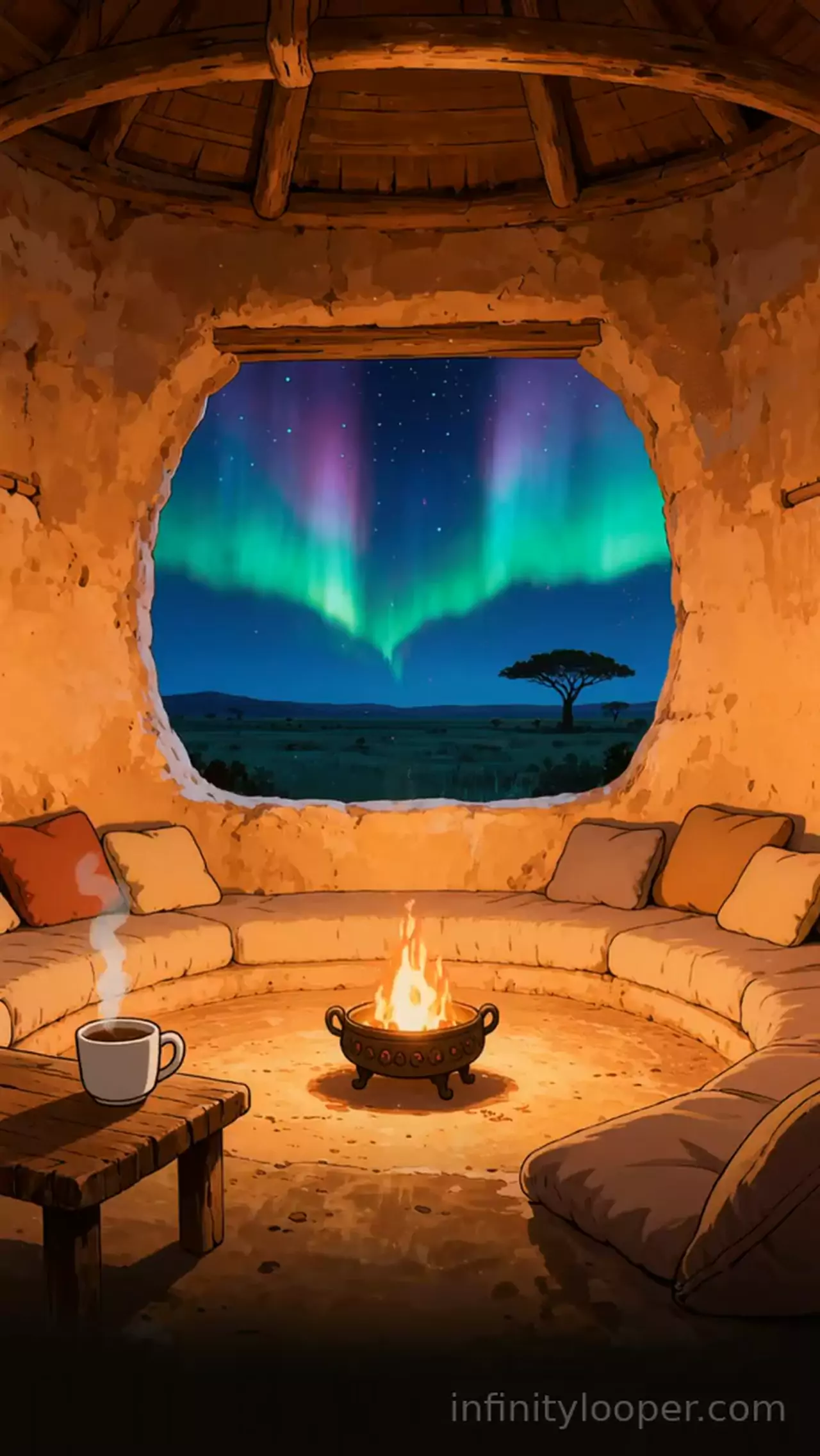 Round clay hut with cushioned benches around a fire pot, a steaming mug, and green and violet aurora over an acacia outside
