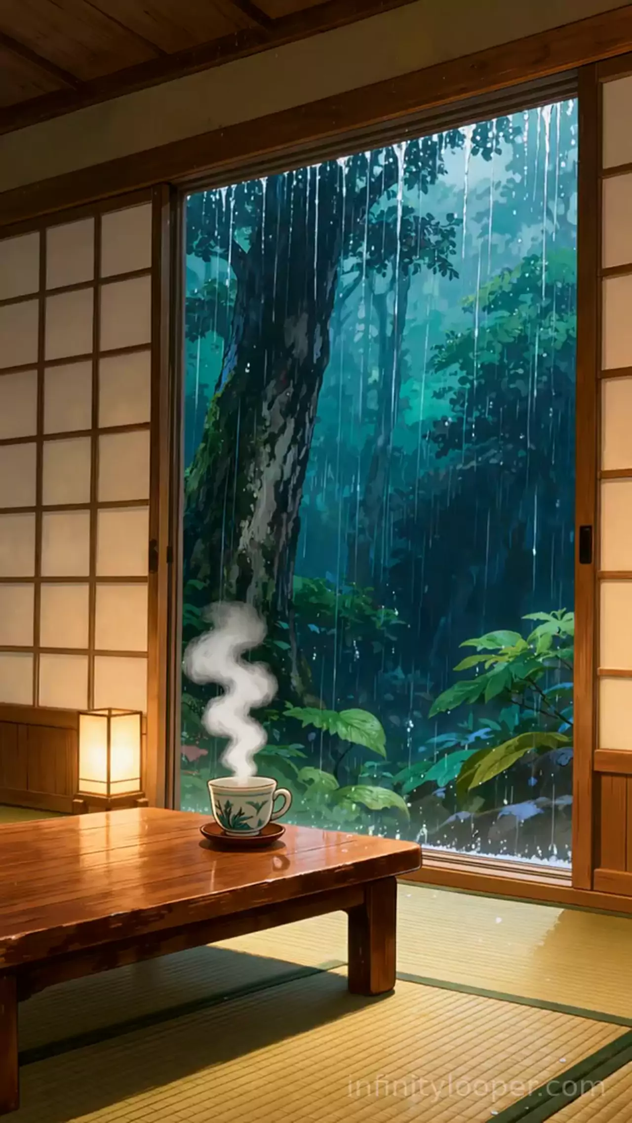 Tatami room with a steaming teacup on a low table, open sliding door onto a lush forest in heavy rain