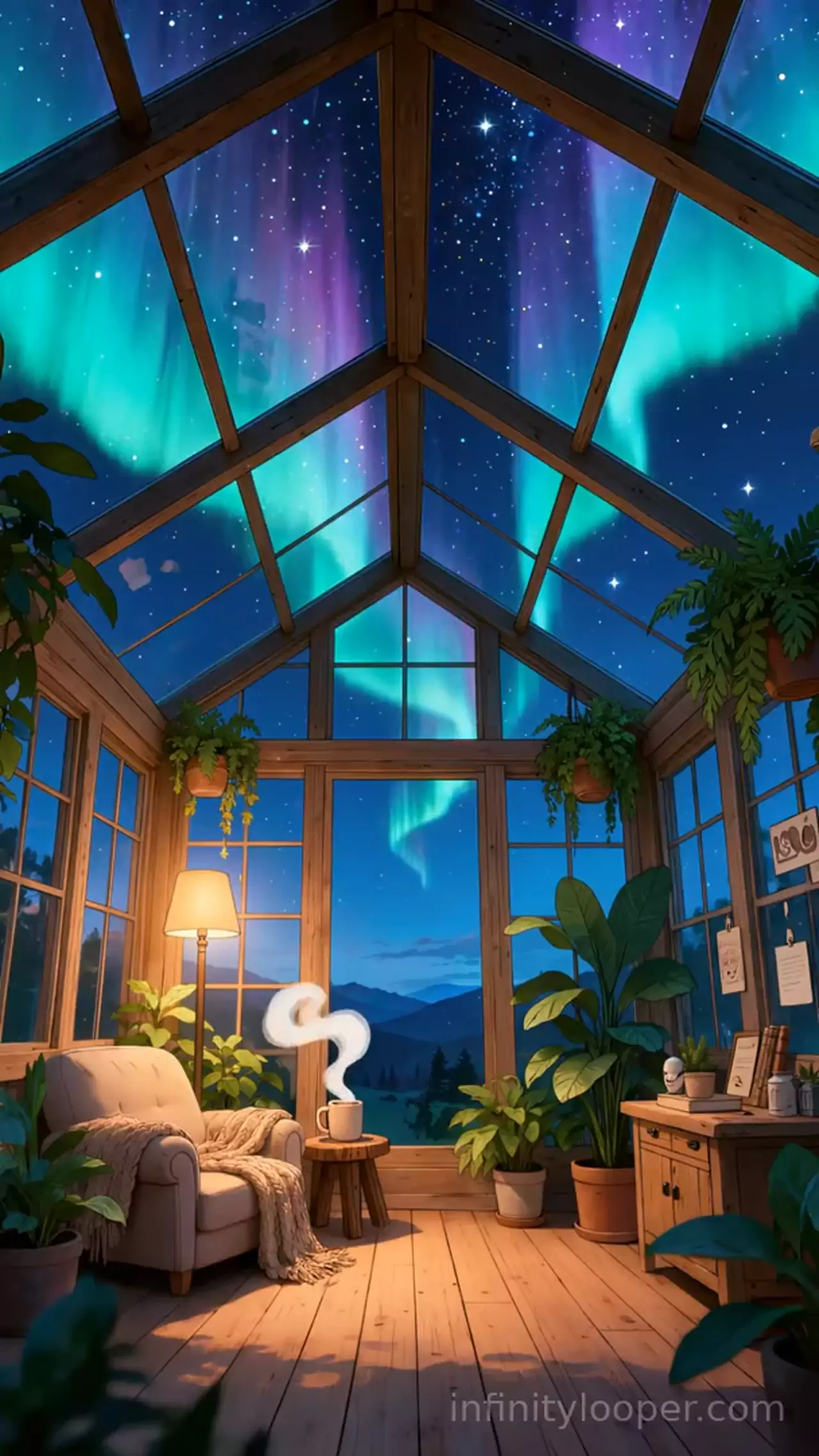 Greenhouse with a glass roof under green and purple aurora, a lamp beside a cream armchair, steaming mug and potted plants