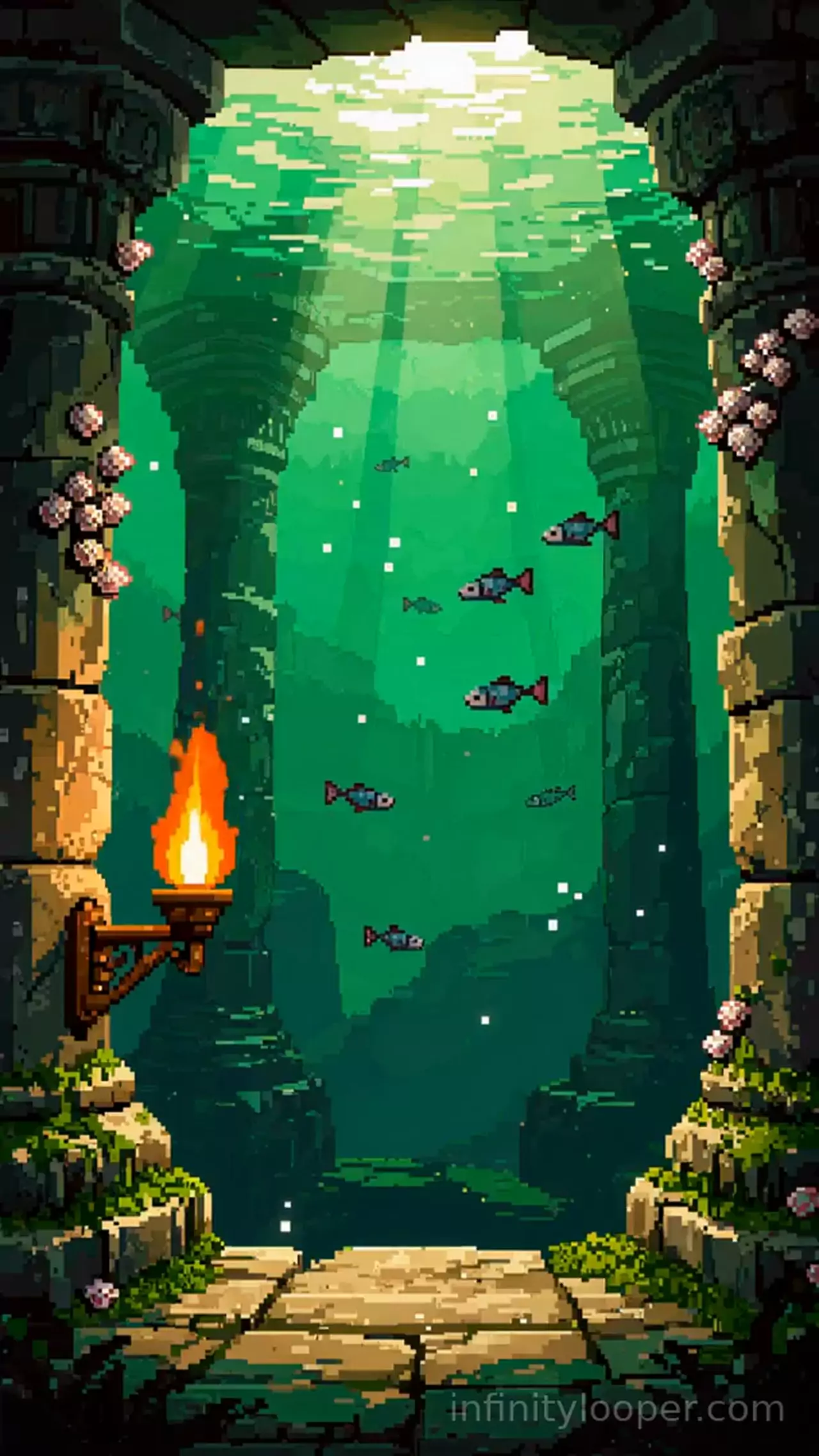 Pixel art underwater temple with mossy shell-covered pillars, a burning wall torch and small fish in green light