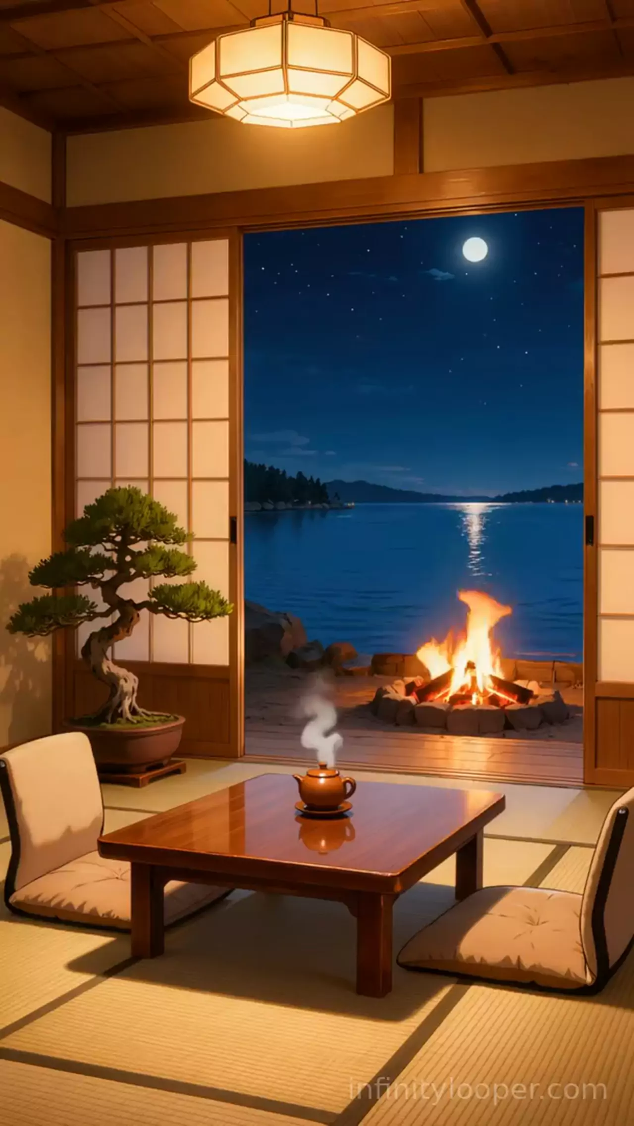 Tatami room with a bonsai and teapot on a low table, open shoji doors onto a bonfire by a moonlit lake