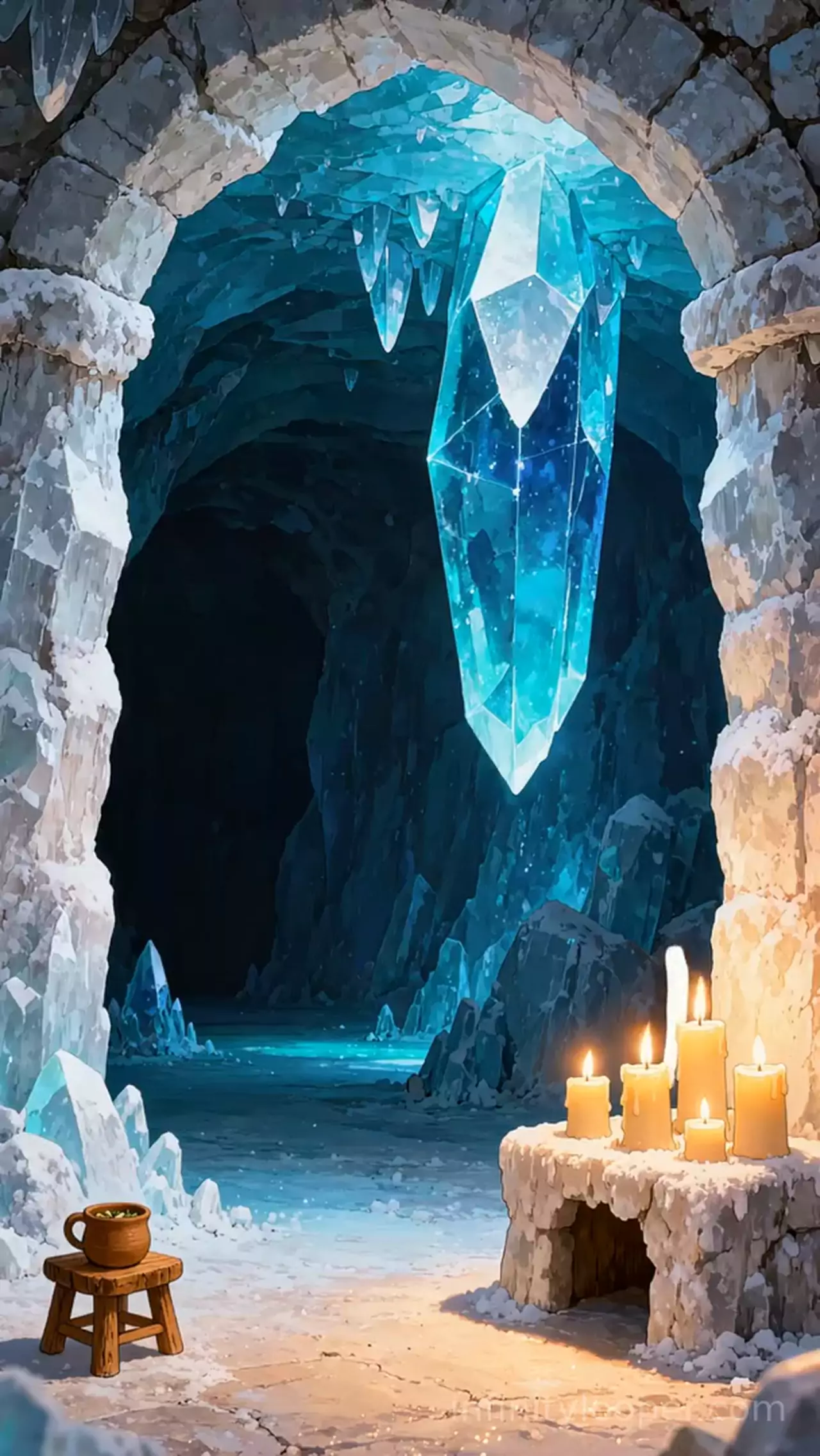 Frosted stone arch opening onto an ice cave with a large glowing cyan crystal, lit candles on a snowy ledge at bottom right