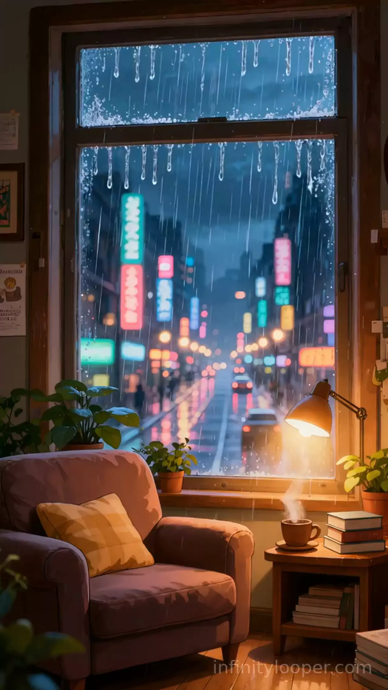 Tall window with rain over a blurred neon city street, a mauve armchair, desk lamp and steaming cup inside