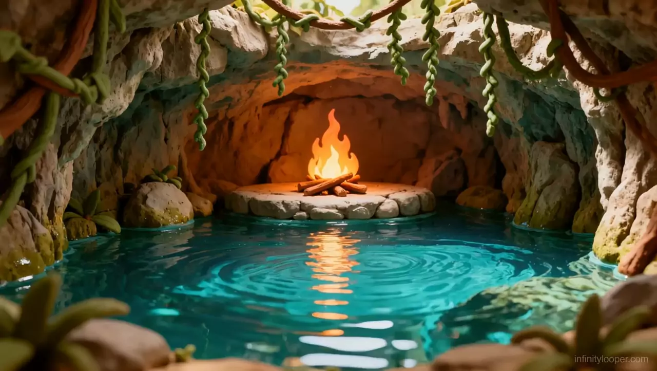 Campfire on a round stone platform in a vine-hung cave, its orange reflection stretched across a rippling turquoise pool