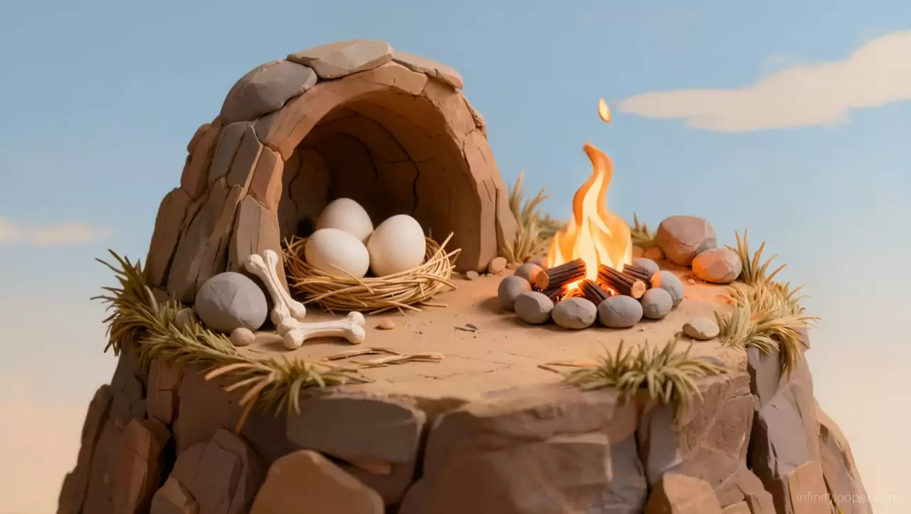 Clay diorama of a stone cave with three white eggs in a straw nest, bones in front and a small campfire under a blue sky