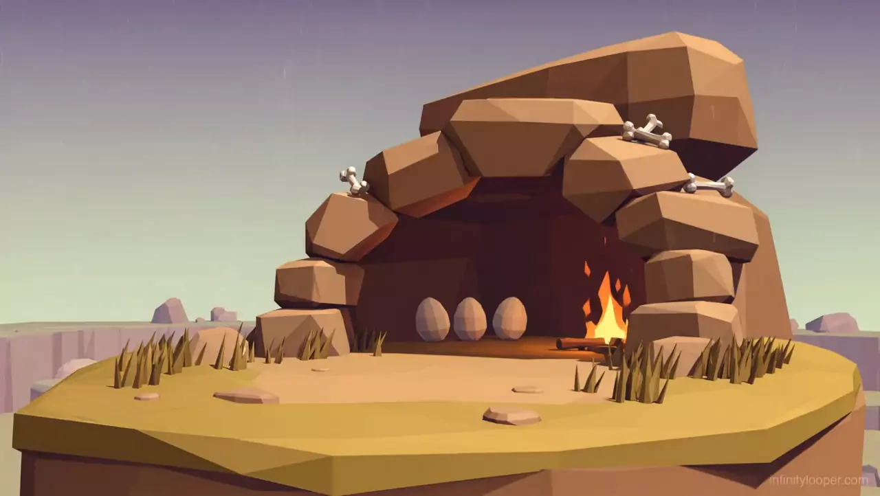 Low poly cave of brown boulders with three eggs and a small campfire inside, on a yellow grass plateau under a purple sky