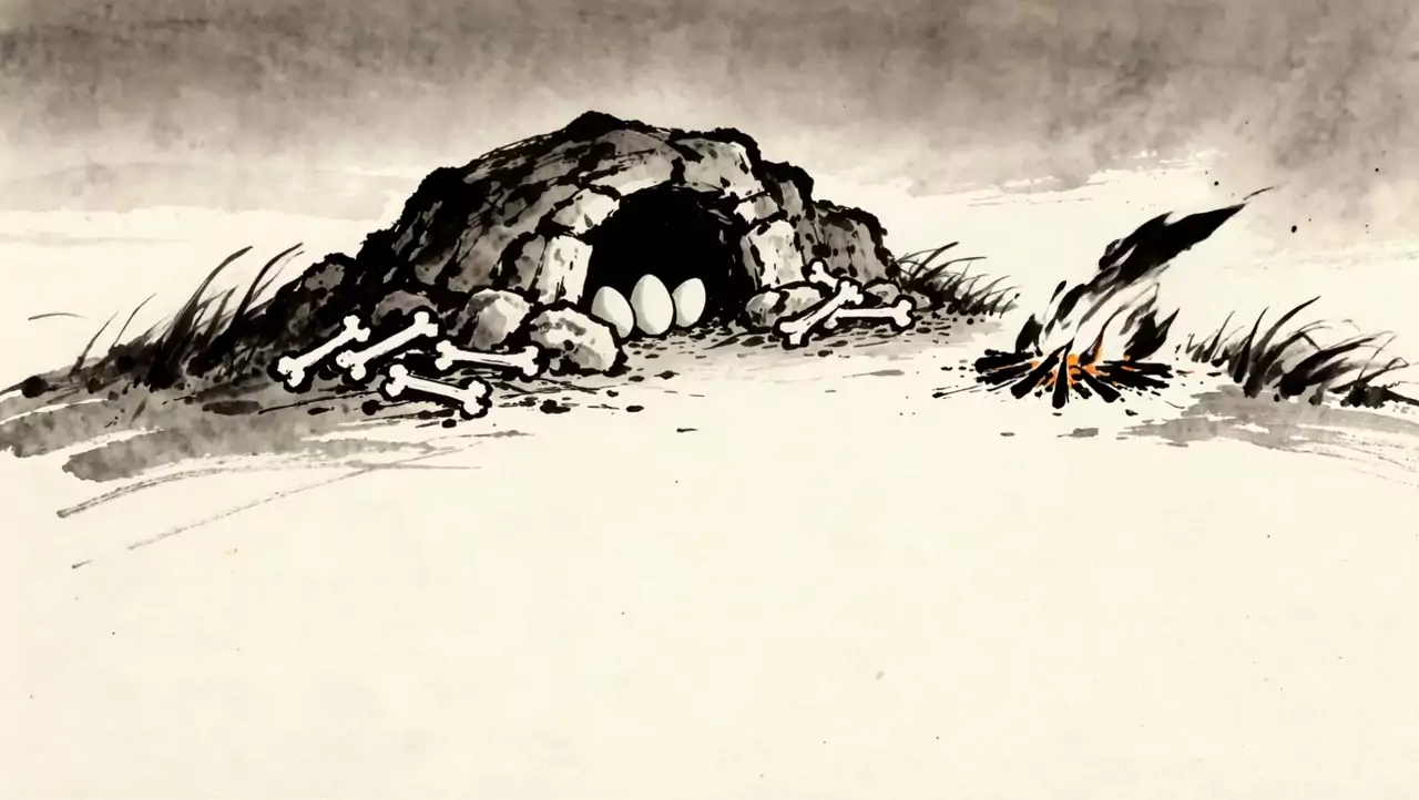Black ink painting of a stone cave with three eggs inside, white bones in front and a small campfire on cream paper