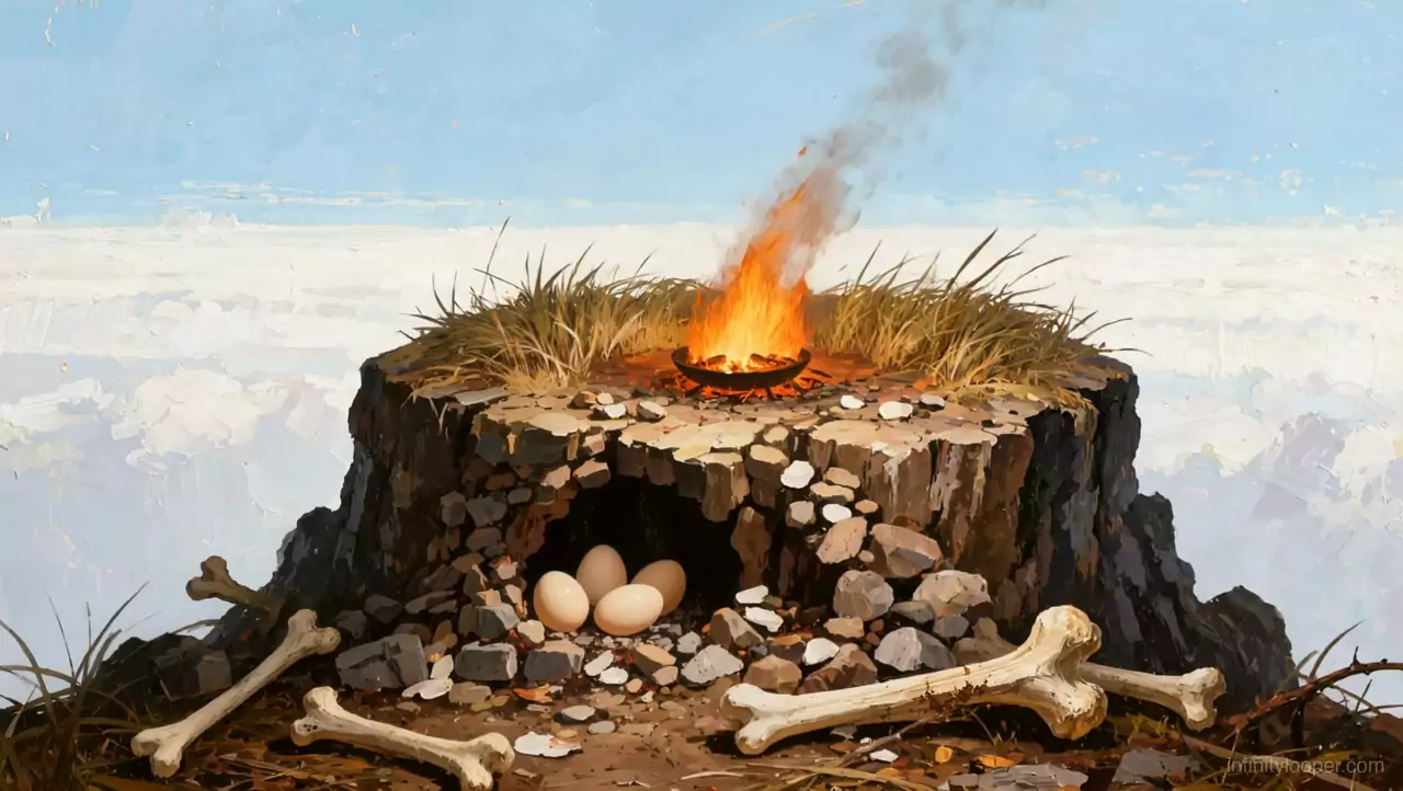 Painted rock peak above clouds with a fire burning in a bowl on top, four eggs in a stone hollow and large bones in front