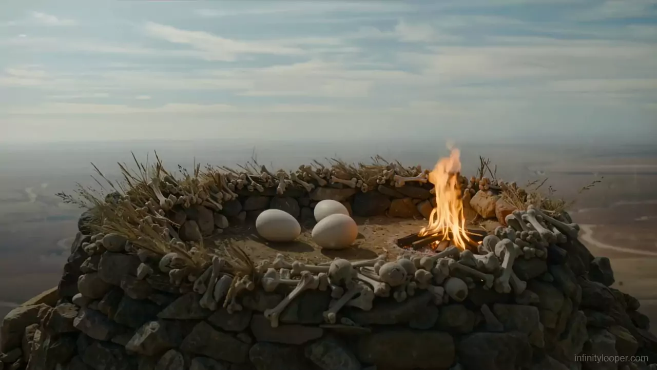 Ring of stacked stones and bones on a mountain summit with three white eggs and a small fire, a wide plain below