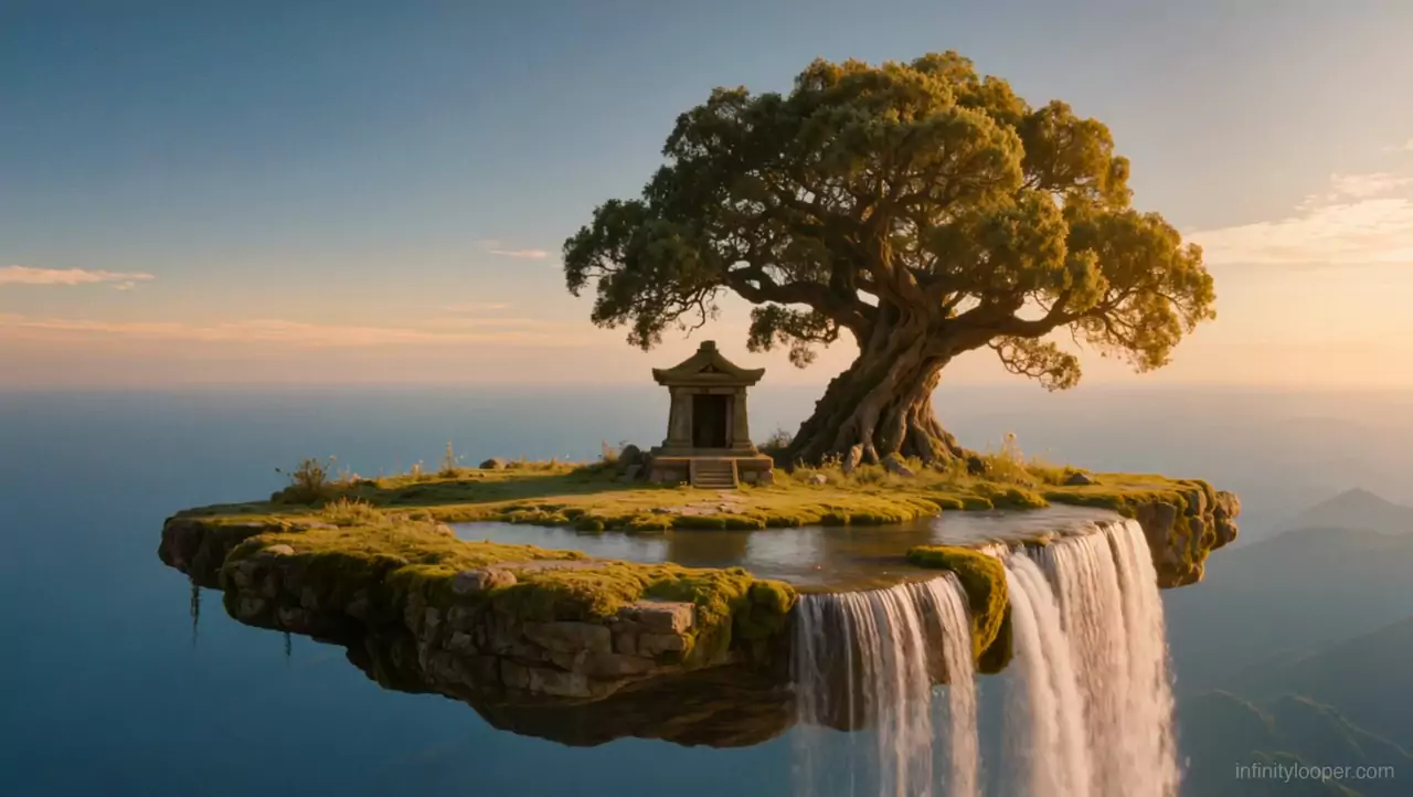 Floating mossy island at sunset with a large old tree, a small stone shrine and a waterfall pouring off its edge