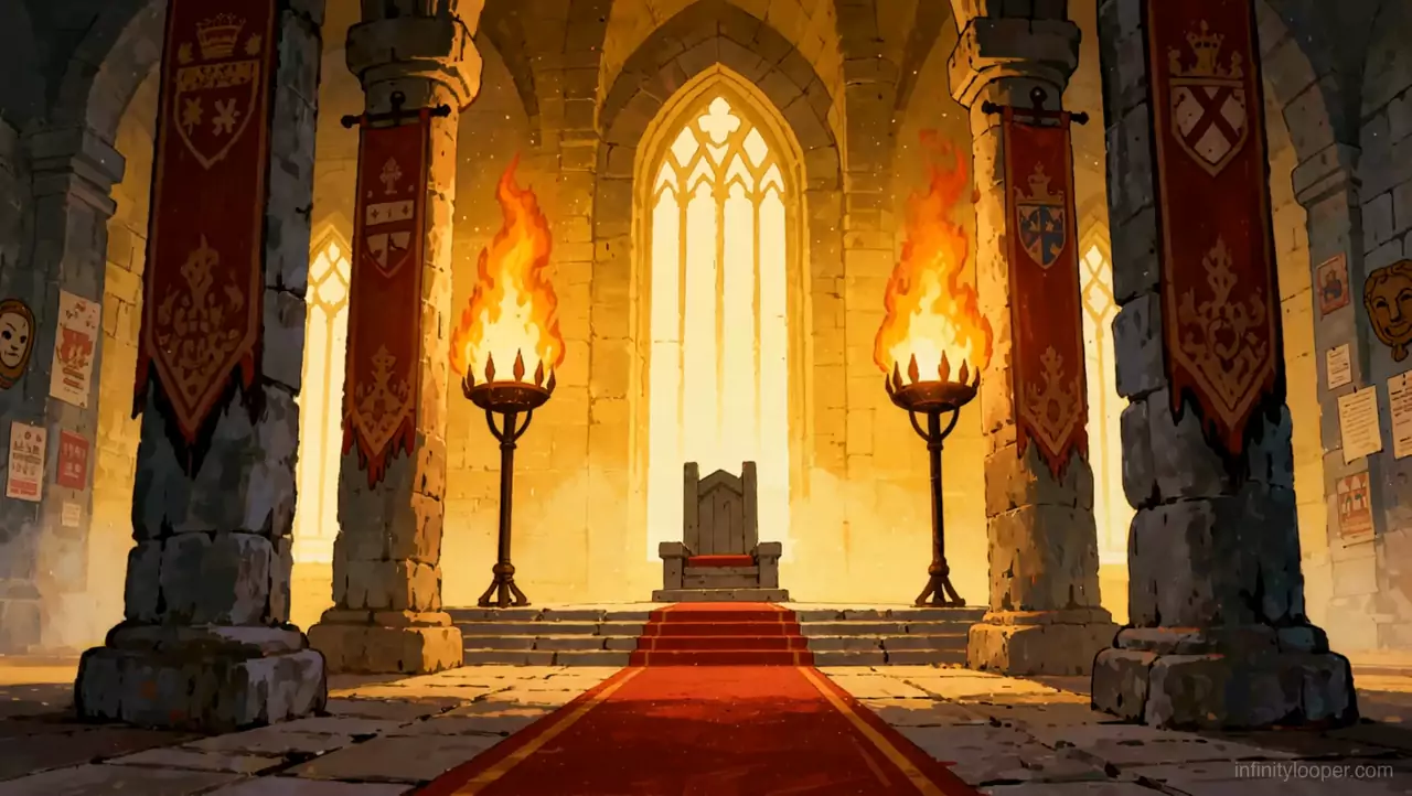 Stone throne room with a red carpet leading to an empty throne, two flaming braziers and tall gothic windows behind