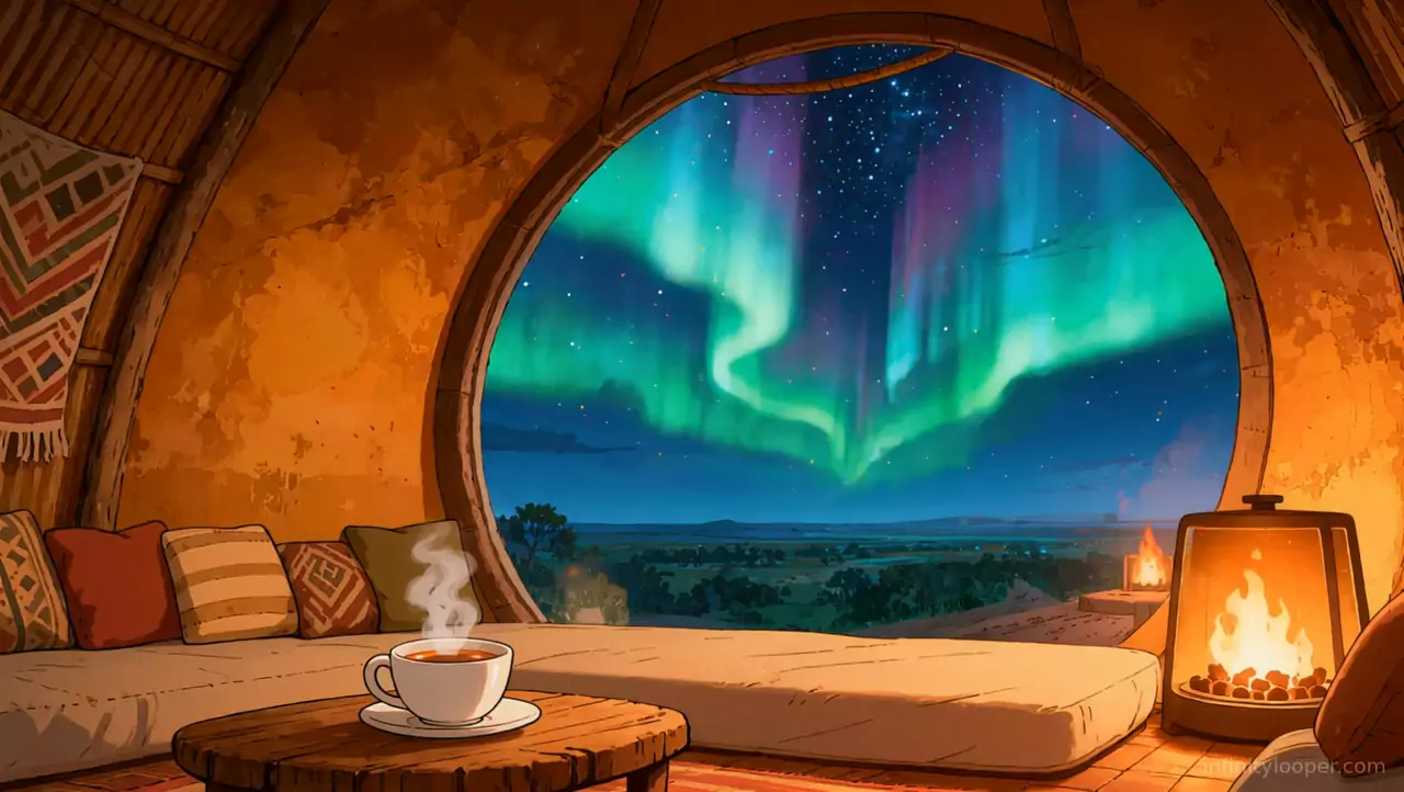 Earthen lodge with a round window showing green aurora over the savanna, cushions, a fire lantern and a steaming cup of tea