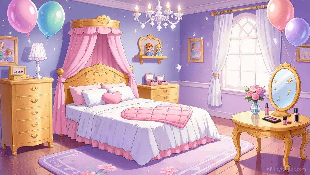 Lavender bedroom with a pink canopy bed and heart quilt, gold furniture, pastel balloons and a vanity mirror
