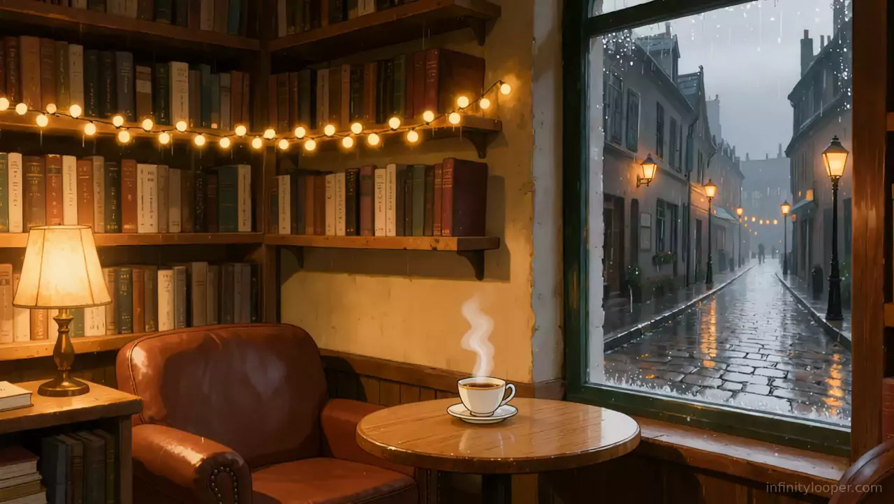 Cafe corner with bookshelves, string lights, a leather armchair and steaming cup beside a window onto a rainy cobbled street