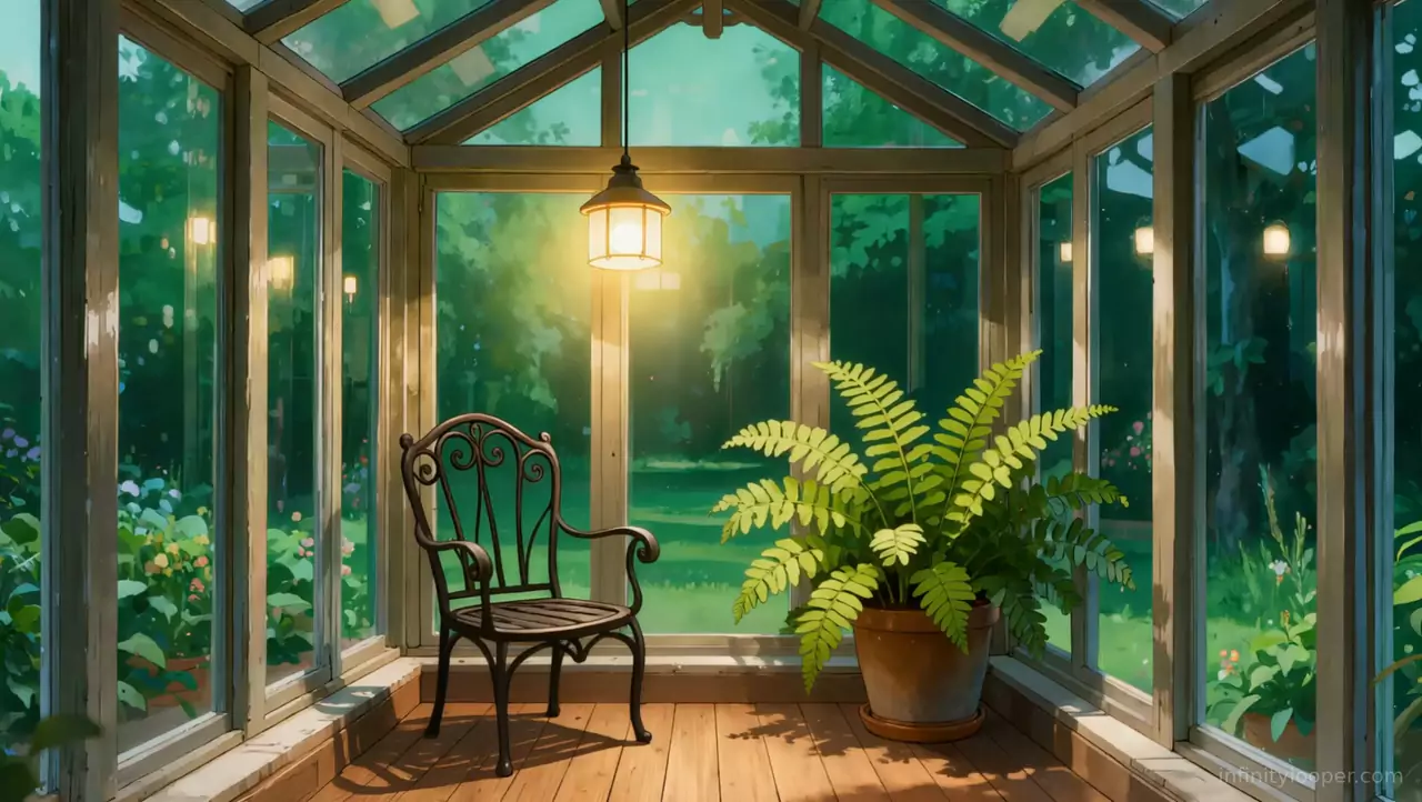 Glass sunroom with a lit hanging lantern, wrought-iron chair and potted fern, green garden outside