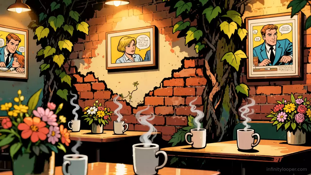 Cafe tables with steaming mugs and flowers in front of an ivy-covered brick wall hung with pop art comic frames
