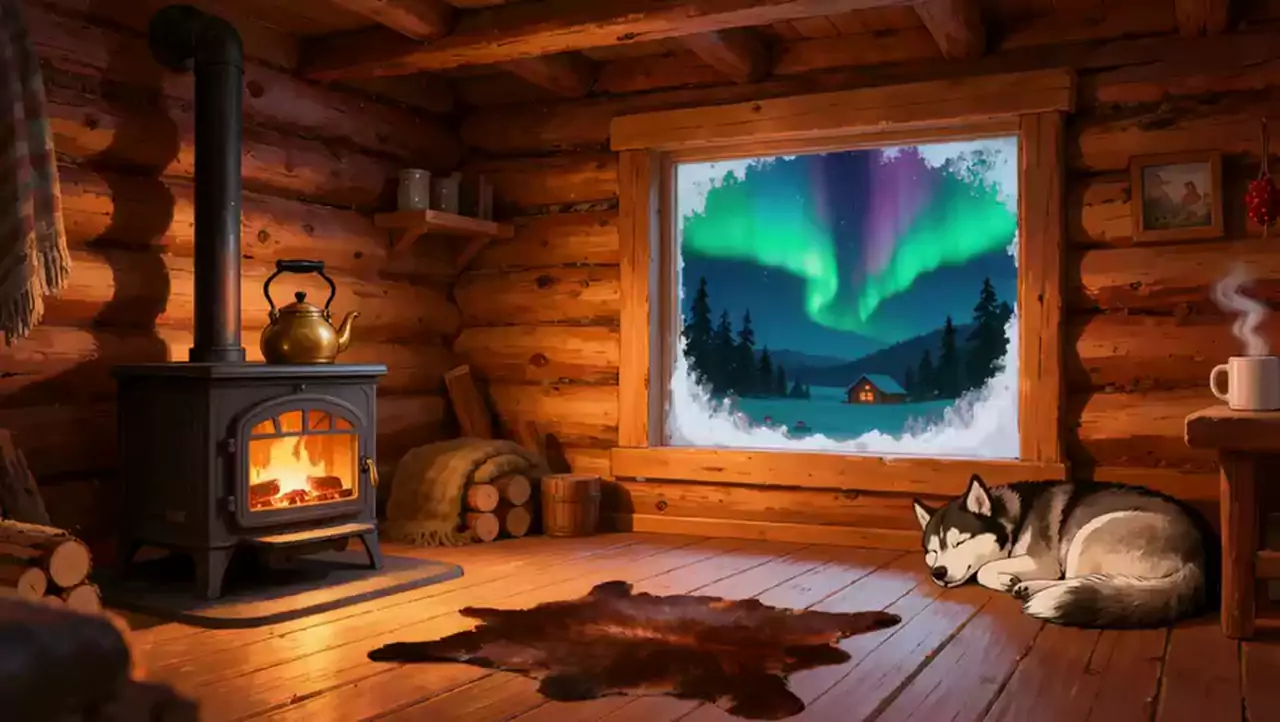 Log cabin with a fire in a wood stove, a sleeping husky and a frosted window showing green northern lights over snowy pines