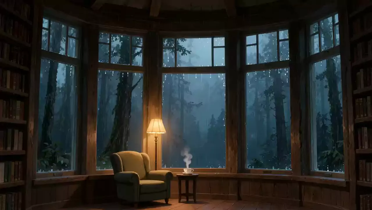 Dark bay window with rain over a tall forest, a lit floor lamp, olive armchair and steaming cup on a side table