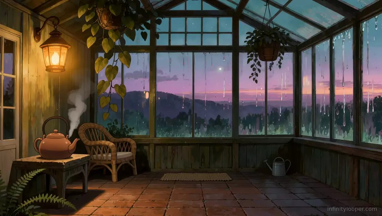 Greenhouse with rain on the glass at sunset, a steaming clay teapot on a table beside a wicker chair and wall lantern