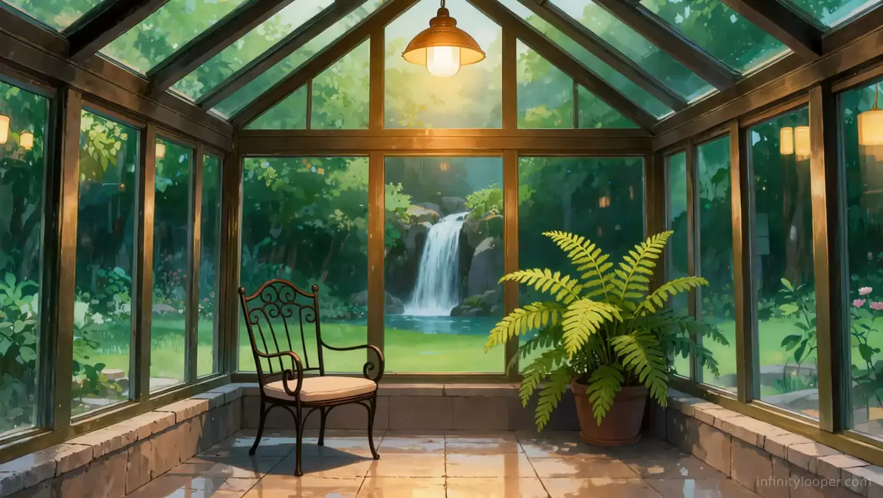 Greenhouse interior with an iron chair and potted fern, a waterfall and pond visible through the centre glass