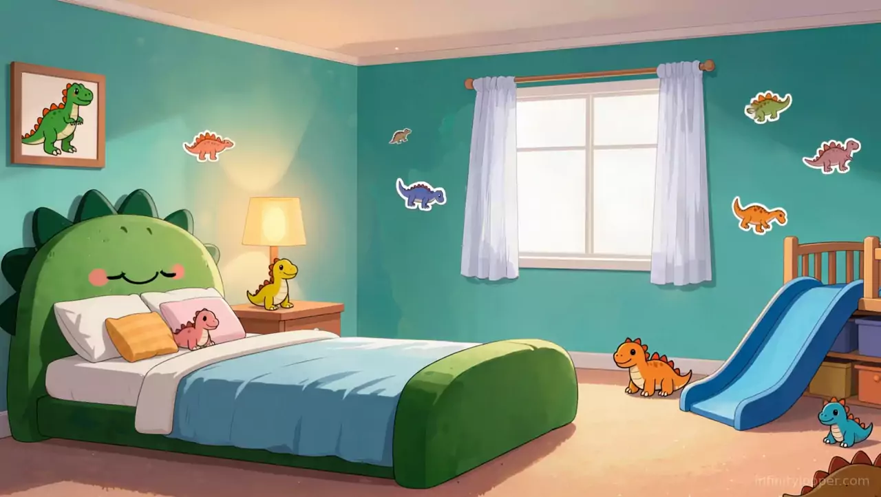 Teal kids' bedroom with a green dinosaur bed, dino wall stickers, a blue slide and toy dinosaurs on the carpet