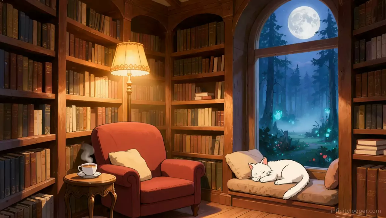 Library nook with a red armchair, floor lamp and teacup, a white cat asleep on a window seat under a full moon