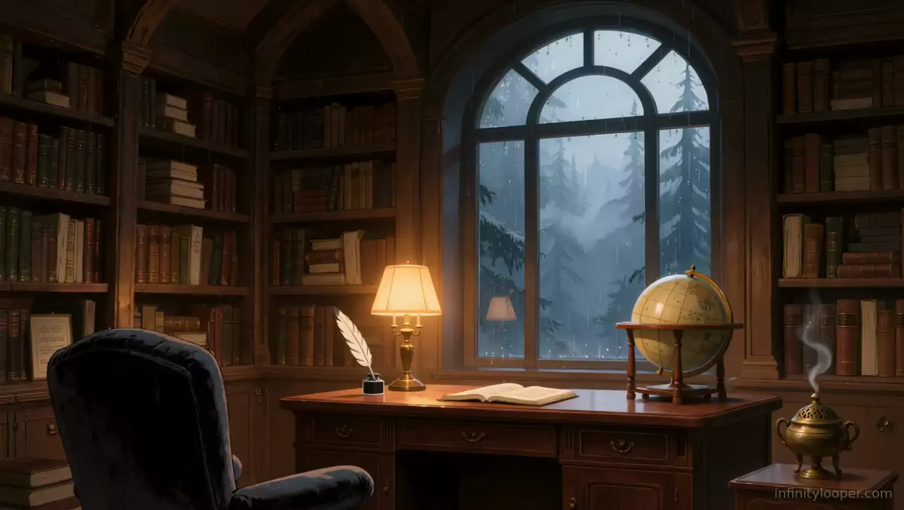 Wood-panelled study with a lamp, quill, open book and globe on a desk, facing an arched window with rain over misty pines