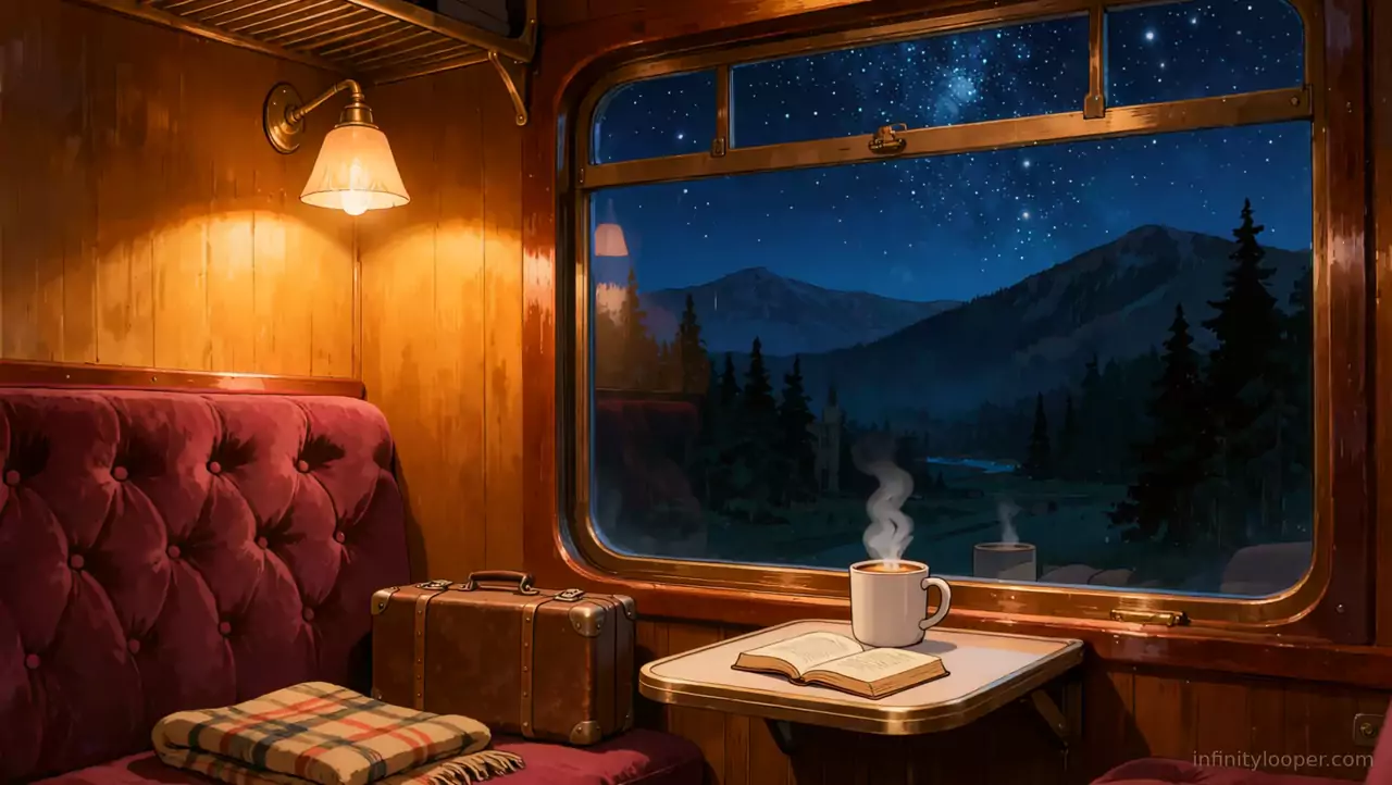Wood-panelled train compartment with a red velvet seat, suitcase, book and steaming mug by a window onto starry mountains