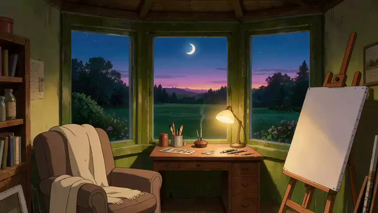 Art studio in a bay window at dusk with a crescent moon, lamp-lit desk of brushes, armchair and a blank canvas on an easel
