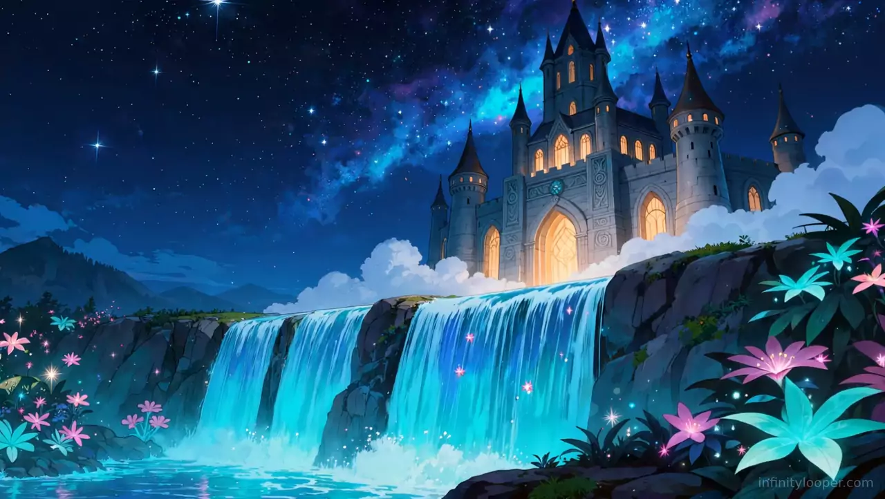 Lit stone castle on a cliff under a starry galaxy sky, above a glowing turquoise waterfall with pink and teal flowers
