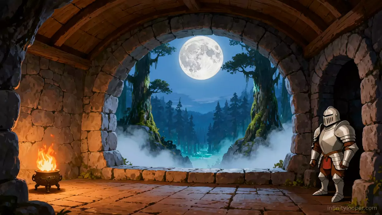 Stone watchtower with a fire in a bronze brazier and a knight in armour, looking out on a full moon over a misty gorge