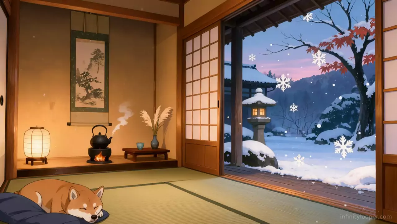 Shiba asleep on a cushion in a tatami room with a paper lantern and steaming kettle, doors open to a snowy garden