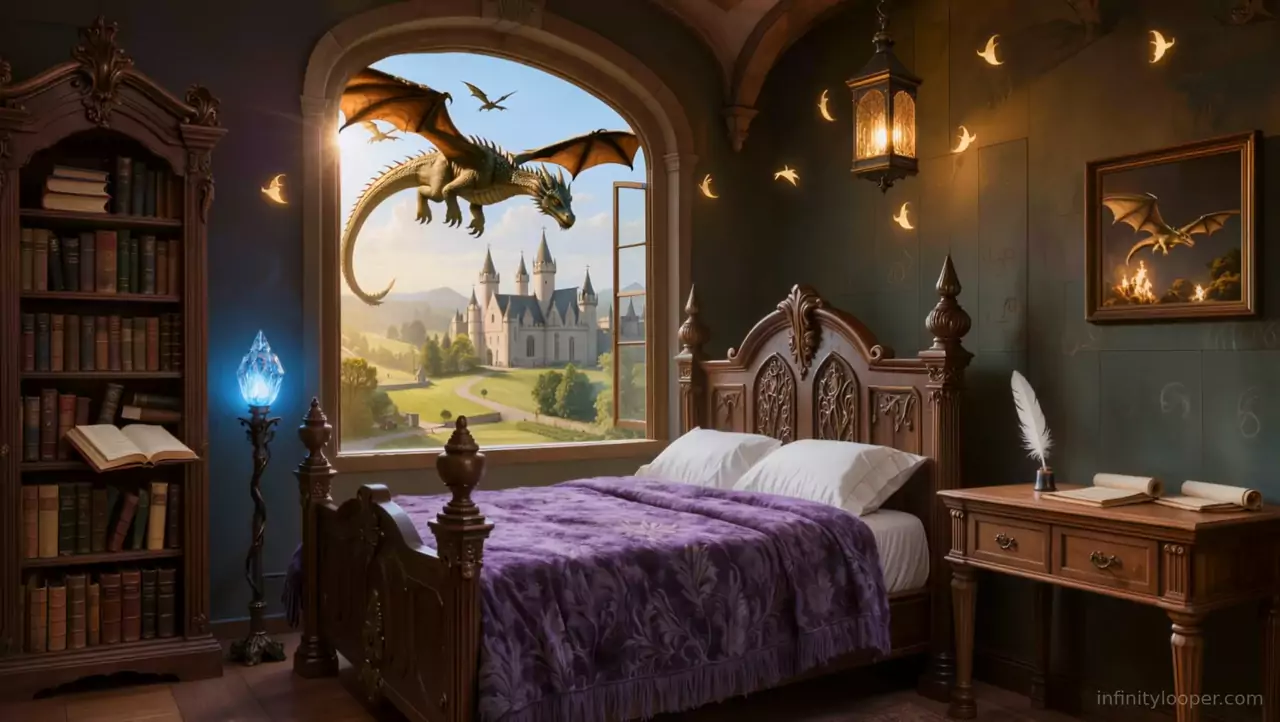 Fantasy bedroom with a purple bedspread, crystal lamp and desk, and an arched window showing a green dragon over a castle