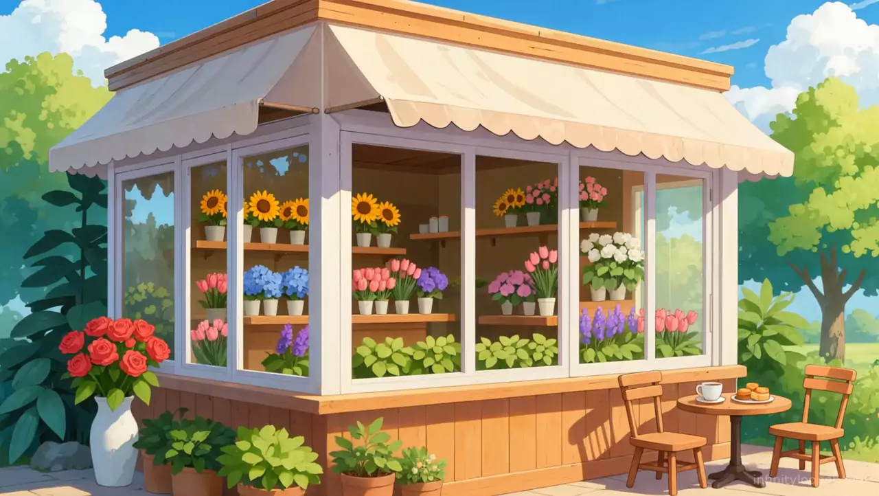 Small glass flower shop with a cream scalloped awning, shelves of sunflowers and tulips, and a cafe table with tea outside