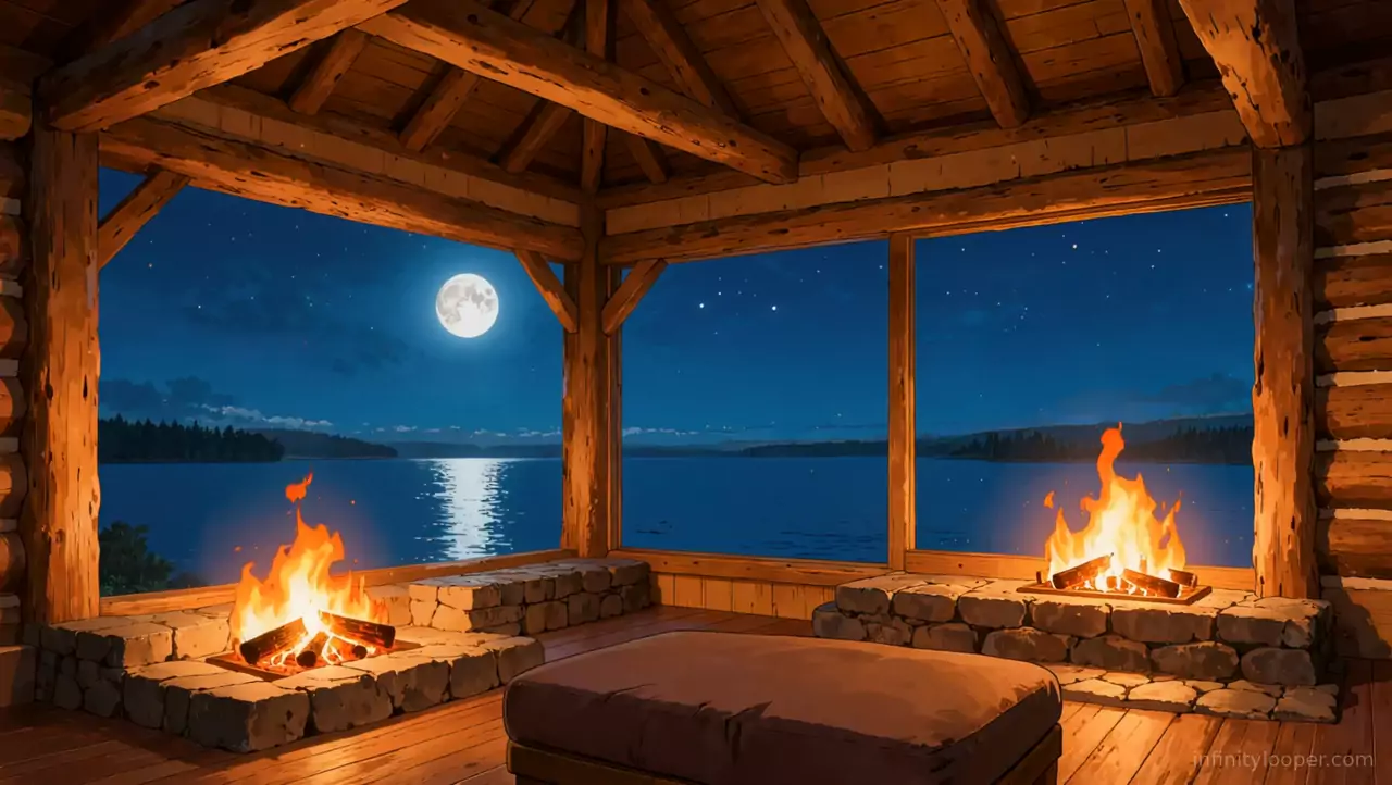 Open timber lodge at night with two log fires in stone pits and a full moon reflected on a calm lake through wide windows