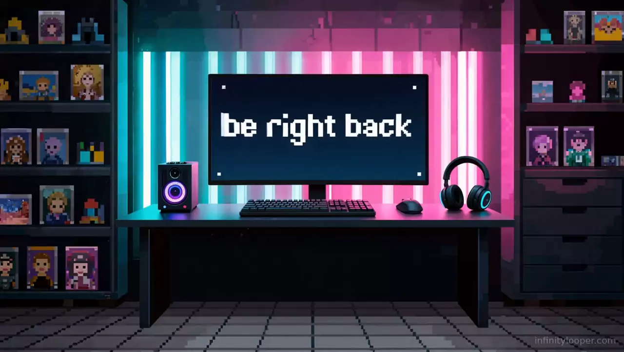 Pixel art gaming desk under teal and pink neon light bars, with a monitor reading be right back, a speaker and headphones