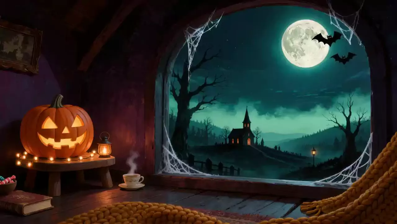 Attic with a glowing jack-o'-lantern and fairy lights beside a cobwebbed window showing bats, a full moon and a misty church
