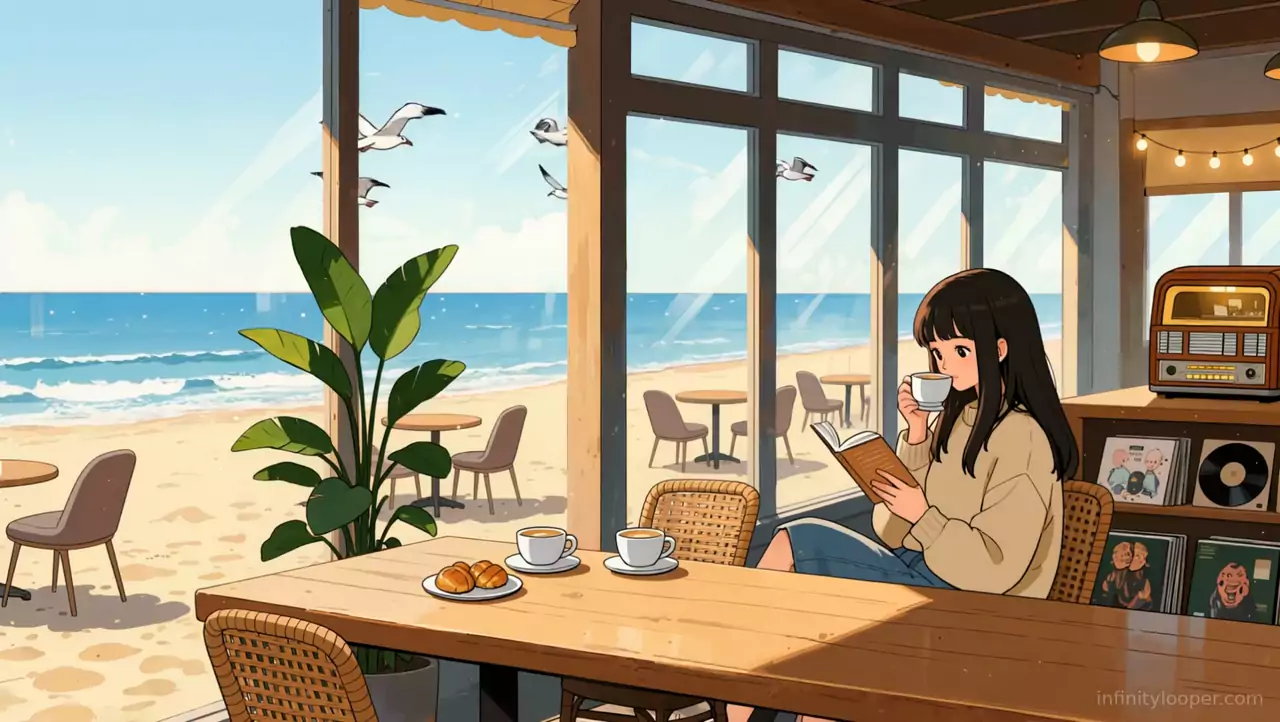 Seaside cafe with a girl reading and drinking coffee by tall windows, croissants on the table, gulls over the beach