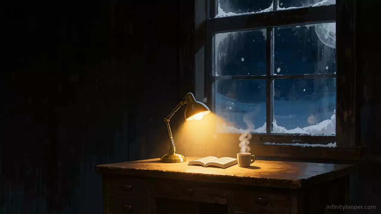 Dark study with a brass lamp lighting an open book and steaming mug on a desk beside a frosted window with falling snow
