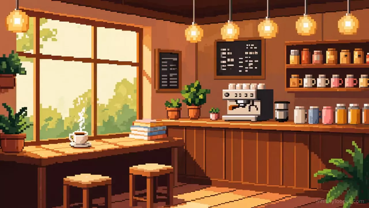Pixel art cafe with a sunny window, steaming coffee mug, two stools, an espresso machine, chalkboard menus and jar shelves