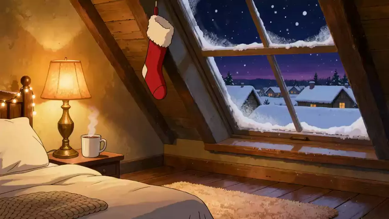 Attic bedroom at night with a lamp, a steaming mug, a hanging red stocking and a snowy village seen through a slanted window