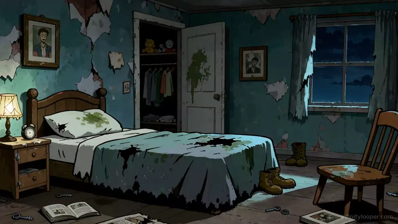 Ruined bedroom at night with peeling teal wallpaper, a stained bed, a lit bedside lamp, an open cupboard and torn curtains