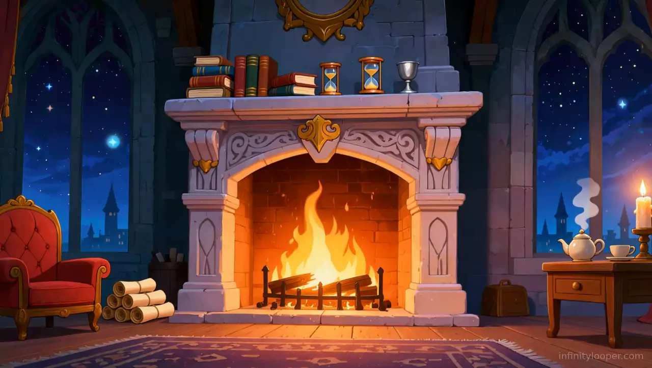 Carved stone fireplace with a big log fire, hourglasses and books on the mantel, starry Gothic windows and a red armchair