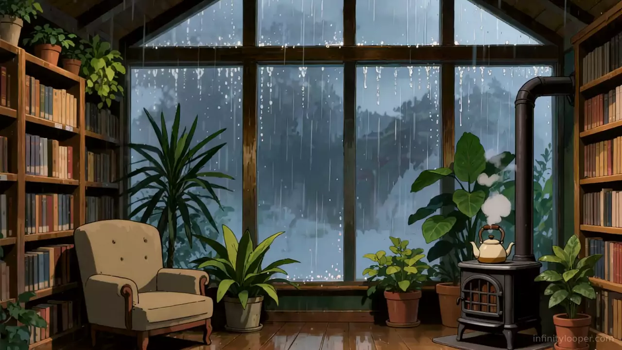 Plant-filled library with tall rain-streaked windows, a tan armchair and a steaming kettle on a black wood stove